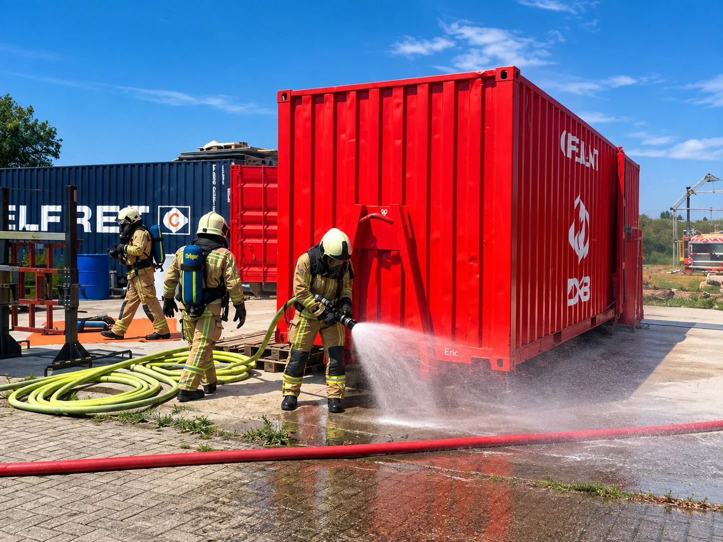 Firefighters training with artificial smoke inside a configurable CBOX training container