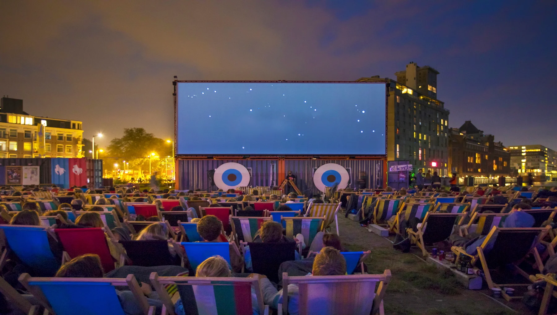 completed Pluk de Nacht open-air cinema with the screen incorporated into the container structure